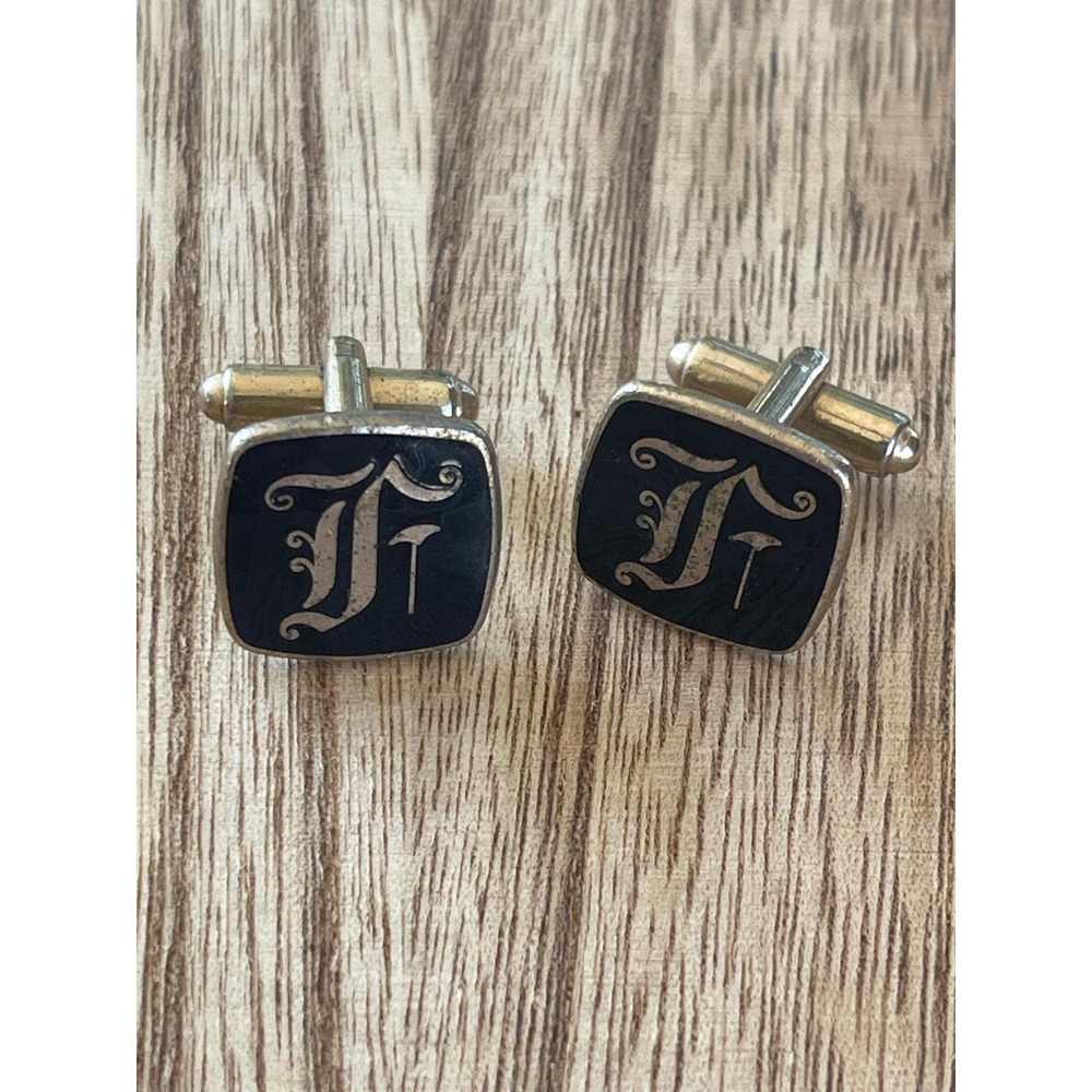 SALE Vintage Gold Tone Square‎ Cuff Links Black Initial F Collectible